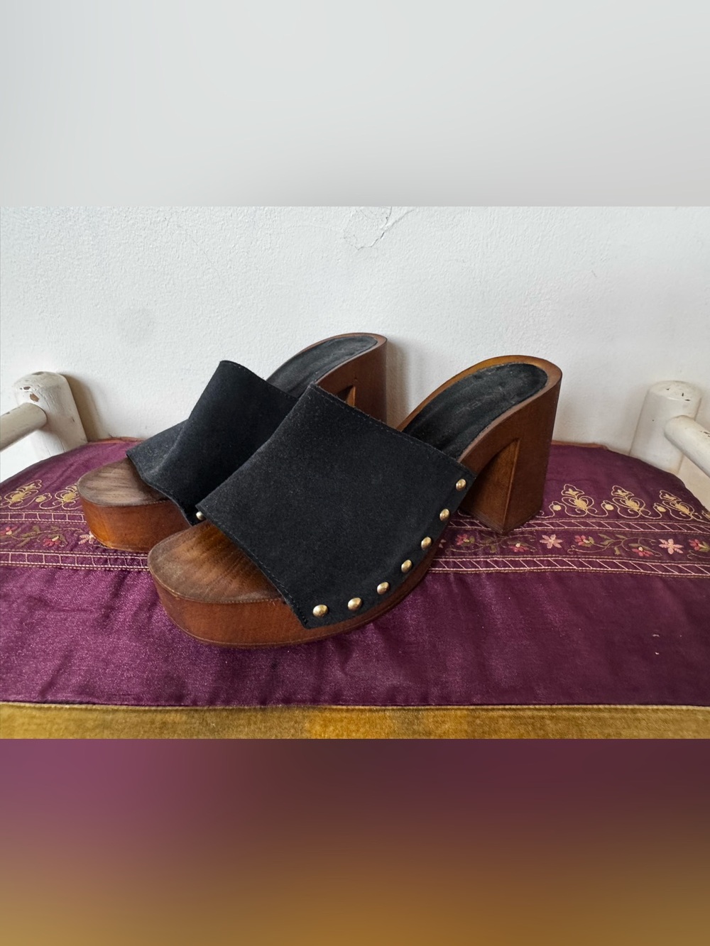 Black Suede Wooden Platform Mule